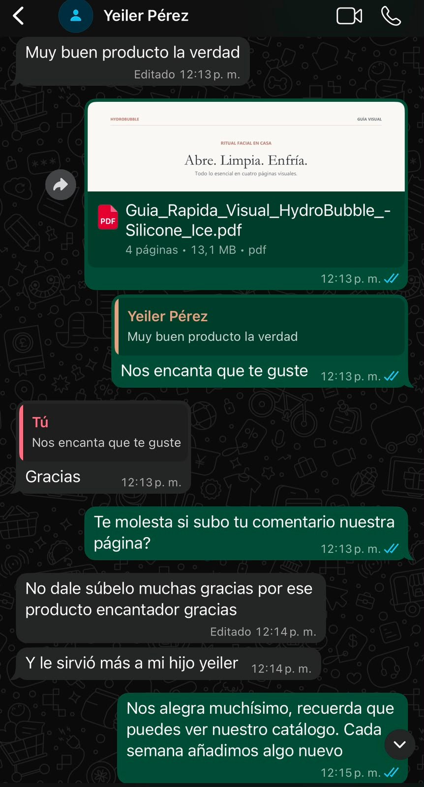 Captura de WhatsApp de un cliente confirmando que recibió su pedido