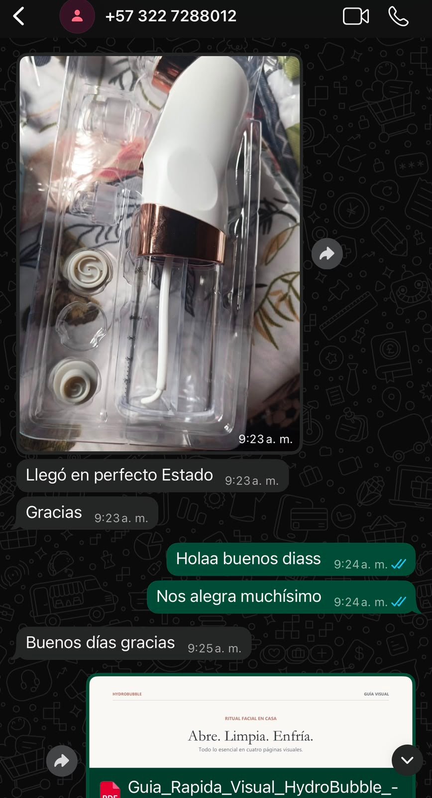 Captura de WhatsApp de un cliente confirmando que recibió su pedido